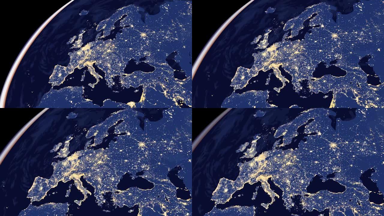 来自太空动画的欧洲城市灯光地图