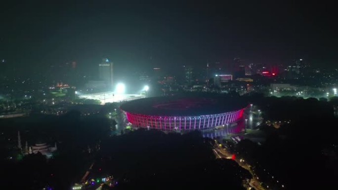 夜间照明雅加达市著名主体育场空中全景4k印度尼西亚
