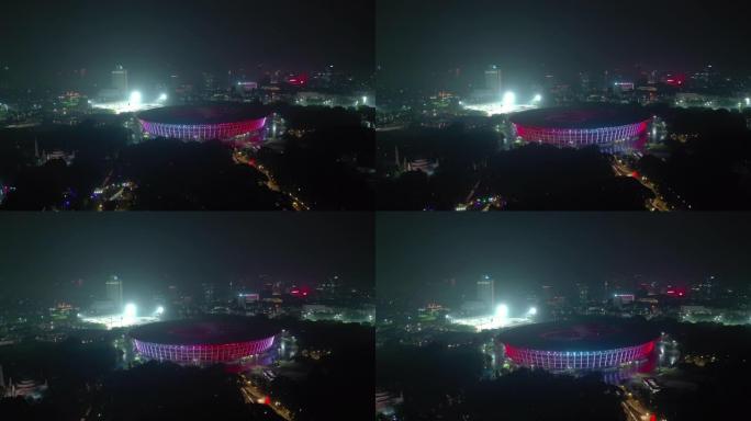 夜间照明雅加达市著名主体育场空中全景4k印度尼西亚