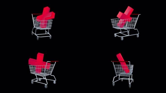 买卖药物治疗或人类健康的概念。红十字会的标志位于杂货店购物车中。渲染无缝3d动画。