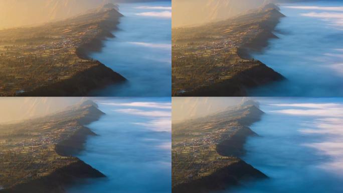 美丽的悬崖边村阳光和迷雾，印度尼西亚东爪哇省的地标旅游地点 (泛右)