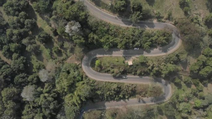 以森林山中沥青蜿蜒道路为背景的鸟瞰图。无人机安全驾驶和旅行概念的急弯道路风景。