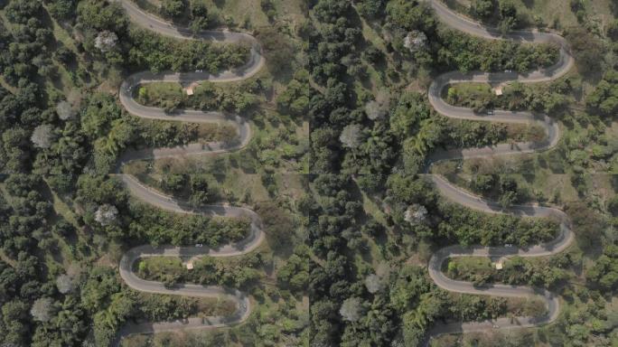 以森林山中沥青蜿蜒道路为背景的鸟瞰图。无人机安全驾驶和旅行概念的急弯道路风景。