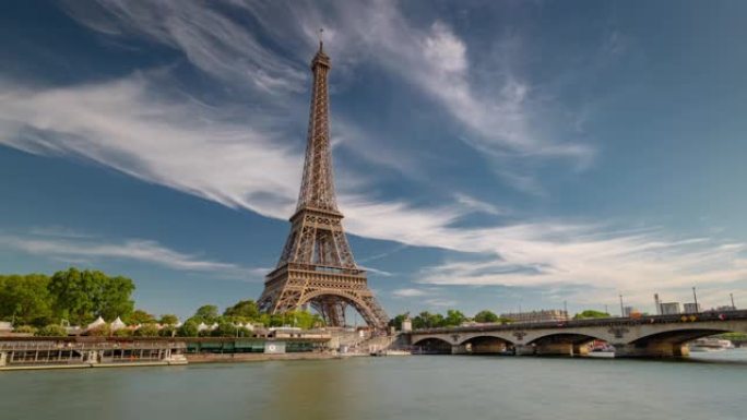 晴天美丽的天空巴黎市著名的河边交通湾塔景观延时全景4k法国