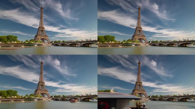 晴天美丽的天空巴黎市著名的河边交通湾塔景观延时全景4k法国