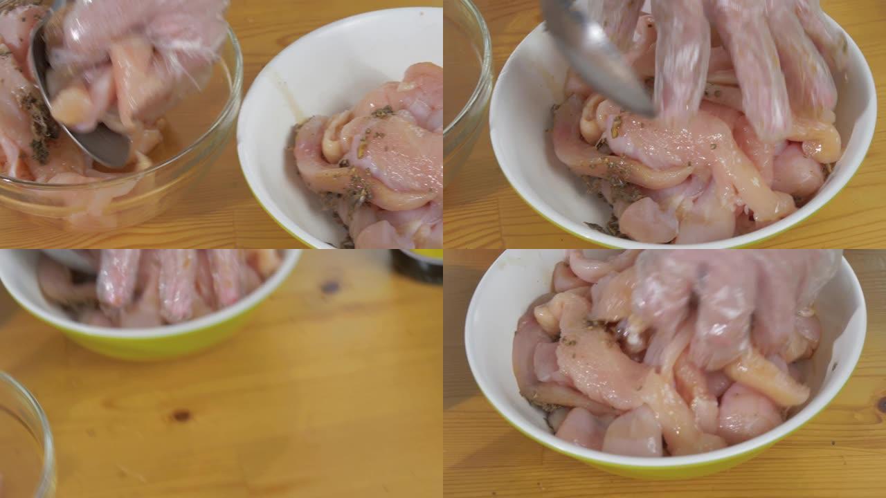将大豆汤用于碗中腌制的鸡肉，慢动作。