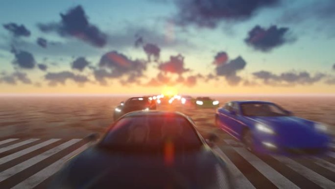 3D赛车通过人行横道日落景观