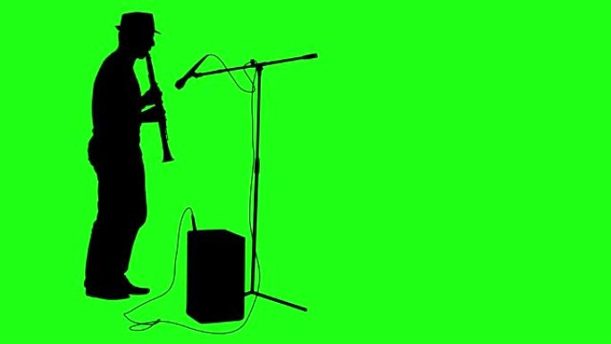 剪影音乐家演奏单簧管。绿屏镜头。4k动画。