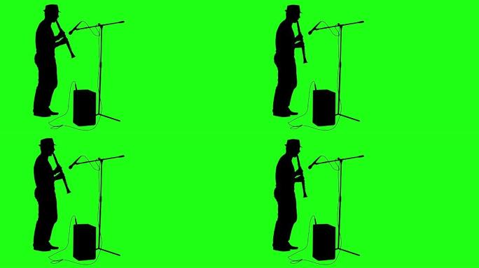 剪影音乐家演奏单簧管。绿屏镜头。4k动画。