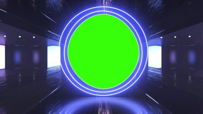 抽象创意隧道和绿屏阿尔法通道广告牌模拟。霓虹灯、蓝紫色发光二极管条和技术、科幻、未来派网络朋克3D渲