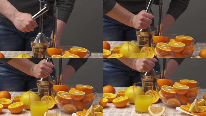 用手动按压挤压橙子，关闭视野，使一杯新鲜。木制桌子上的新鲜橘子，整个切成薄片。