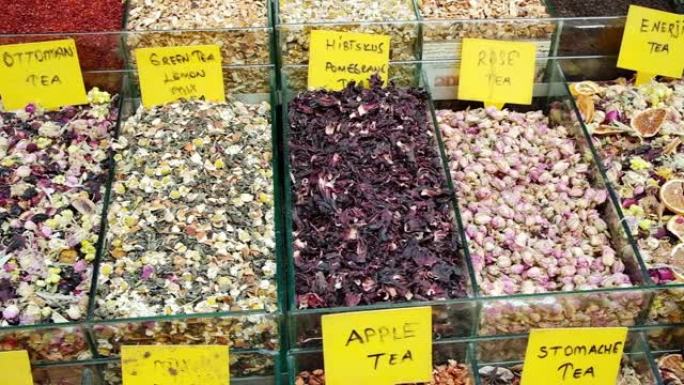 土耳其香料和茶在伊斯坦布尔土耳其香料集市上出售