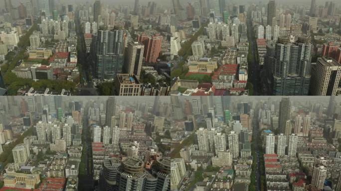晴天烟雾南京市市中心交通街空中全景4k中国