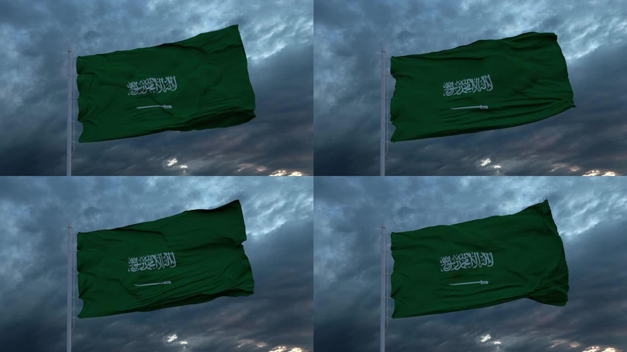 沙特阿拉伯一面现实的旗帜迎风飘扬，对抗着深沉的暴风雨的天空