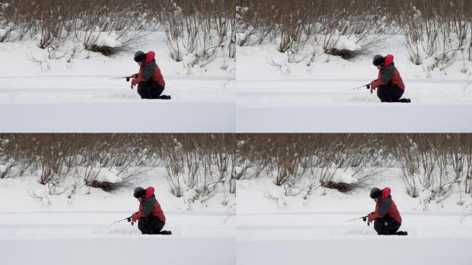 冰上钓鱼。渔民在冰冻的河上捕鱼。冬天抓鱼的人。4K