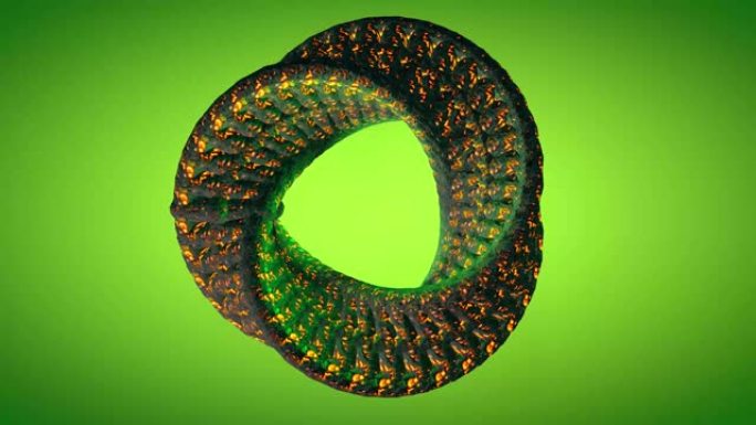 3d抽象循环动画，由带有绿色渐变背景的熔岩纹理胶囊制成的扭曲螺旋。