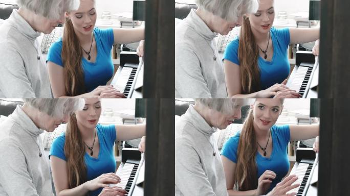 女孩教祖母如何弹立式钢琴