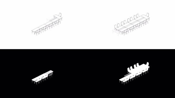 会议室设置布局配置会议室风格，白色背景动画4K上的3D虚拟等距概念设计插图，带哑光阿尔法通道的复制空
