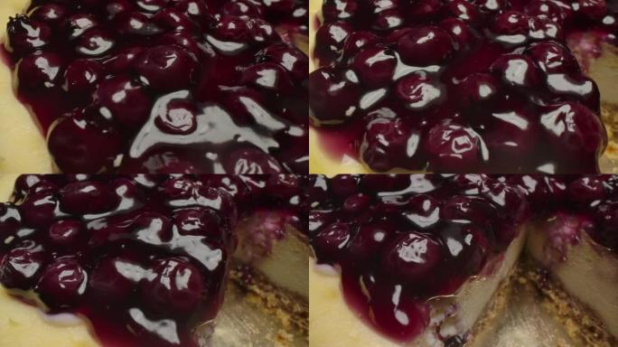 蓝莓芝士蛋糕，旋转微距拍摄。