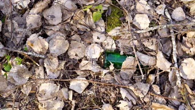 地上散落的树叶上有一个绿色的瓶子