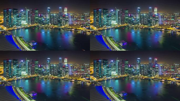 夜间照明新加坡著名酒店屋顶市中心海湾全景4k延时