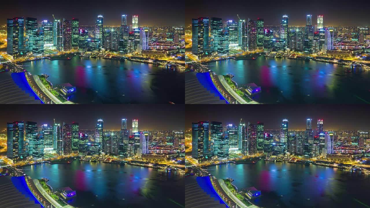 夜间照明新加坡著名酒店屋顶市中心海湾全景4k延时