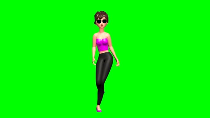 绿色屏幕上3D行走女人的前视图
