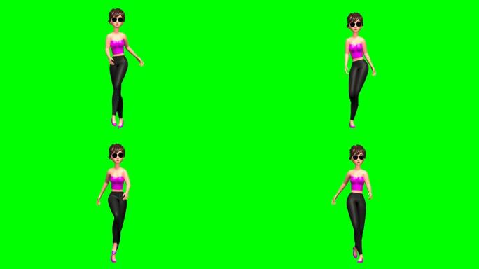 绿色屏幕上3D行走女人的前视图