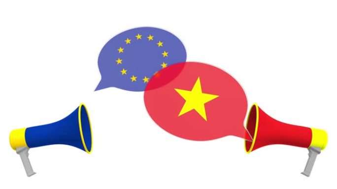 扩音器的语音气球上有越南和欧盟的旗帜。跨文化对话或国际会谈相关3D动画