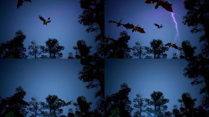 神奇的神奇生物飞过一个神秘的夜森林。幻想、小说或神话般的背景的循环动画。