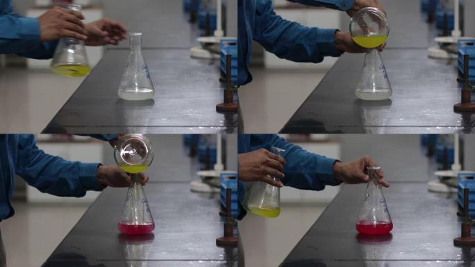 在化学实验室中，从圆锥形烧瓶中添加白色化学物质后，圆锥形烧瓶中白色化学物质的颜色会发生变化。