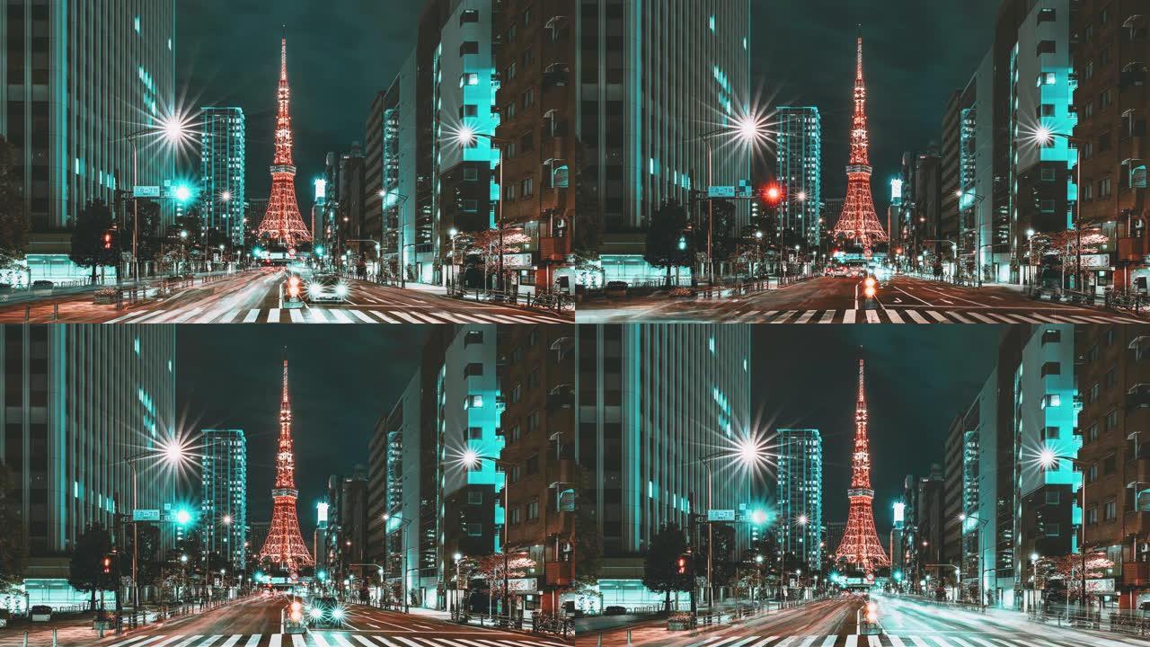 日本黄昏时东京繁忙街道的延时