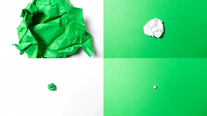 停止运动动画纸皱纹制作纸球，绿色和白色