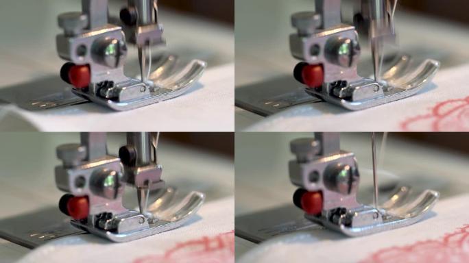 在缝纫机上缝纫。缝合夹在马车中的织物的缝纫针的特写。