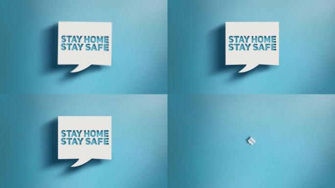 留在家里保持安全警告文本在4k分辨率的蓝色背景上的方形语音气泡