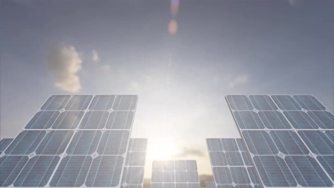 太阳能电池板3D在傍晚的日落延时背景。太阳能电池农场发电厂。清洁能源、绿色能源、可再生能源和可持续资