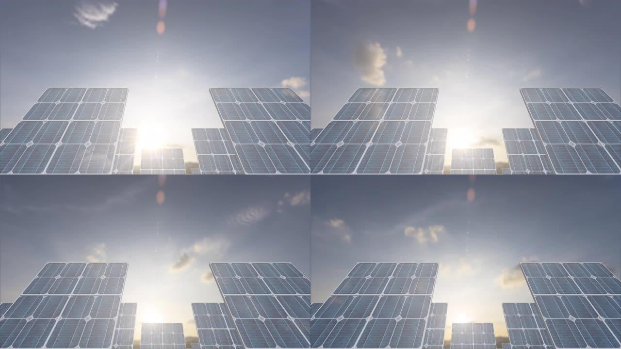 太阳能电池板3D在傍晚的日落延时背景。太阳能电池农场发电厂。清洁能源、绿色能源、可再生能源和可持续资