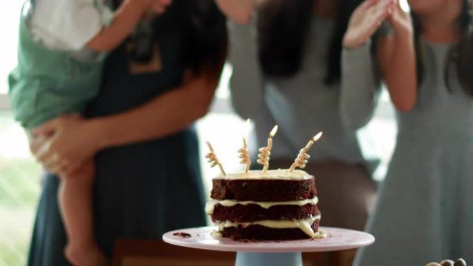 家人过生日，女人拍手唱生日快乐，特写蛋糕