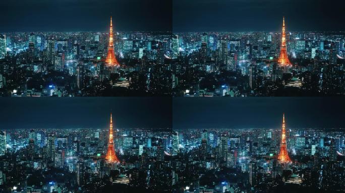 东京铁塔，东京夜间摩天大楼中的