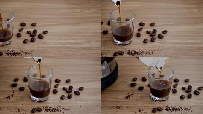 用经典咖啡机倒咖啡的镜头