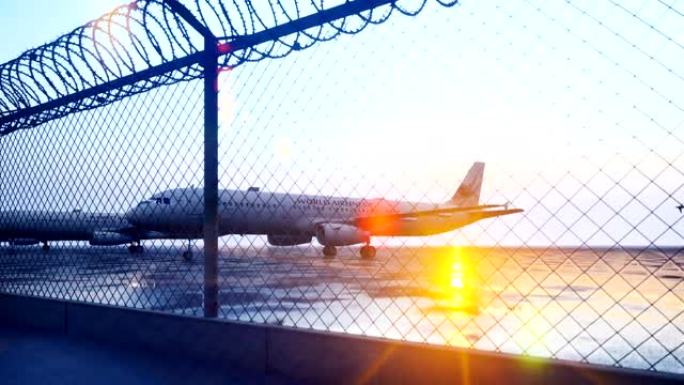机场的商用飞机正在等待起飞。3d动画。