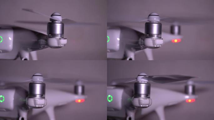 无人驾驶四旋翼螺旋桨和马达。特写。滑块镜头。4K