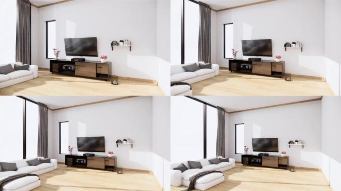 室内场景模拟，黄色沙发和房间简约装饰。3D渲染