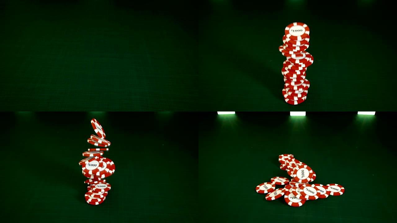 掉落的红色赌场筹码堆3D渲染动画