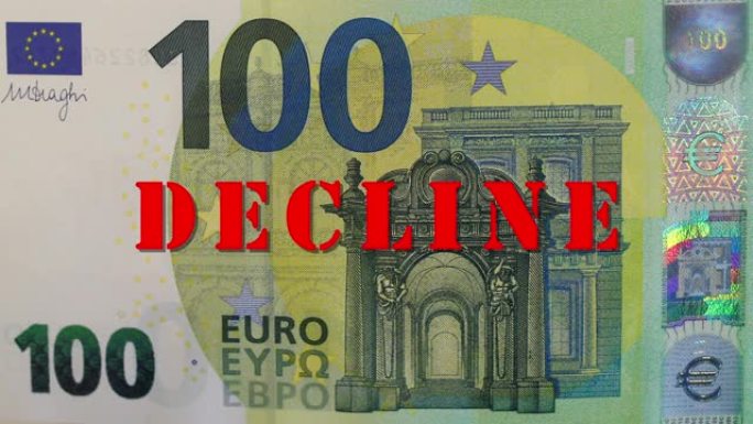 一百欧元纸币，带有红色签名 “下降”。世界金融和经济危机概念。效果故障