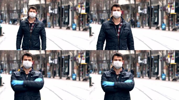 公共场所戴着口罩的人。冠状病毒预防。