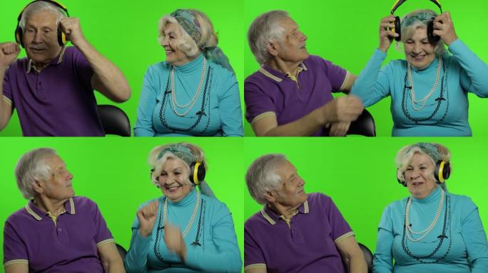 成熟的老年夫妇家庭祖父母喜欢说话、拥抱。色度键