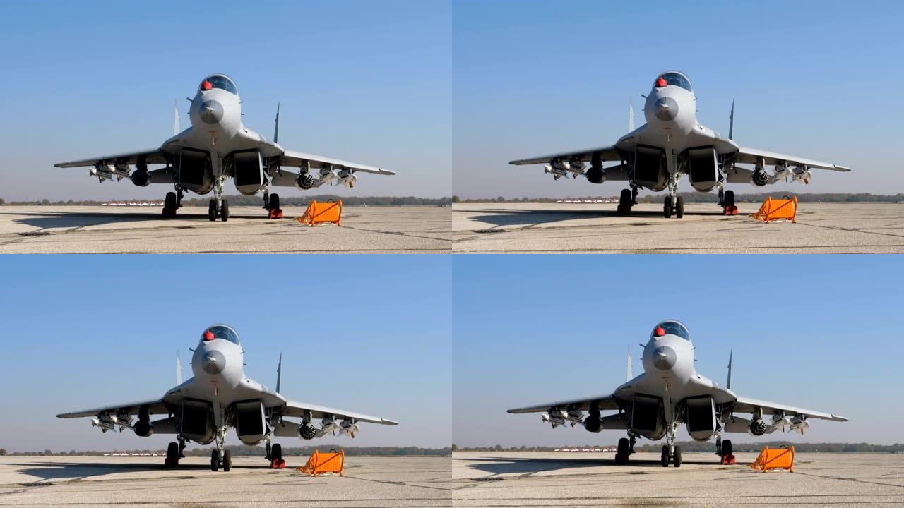 Mikoyan米格-29的正面视图，配备真正的火箭和导弹用于战争