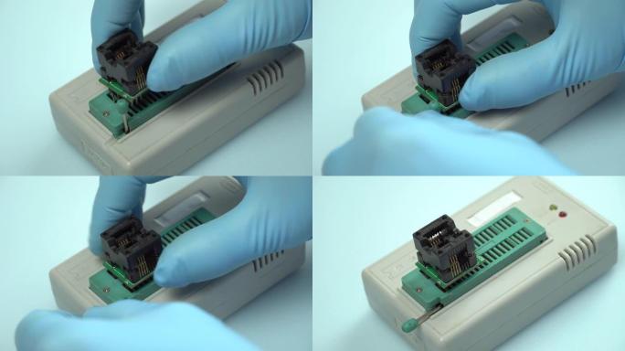 向导通过适配器soic8将芯片插入编程器，以对芯片进行编程。技术。