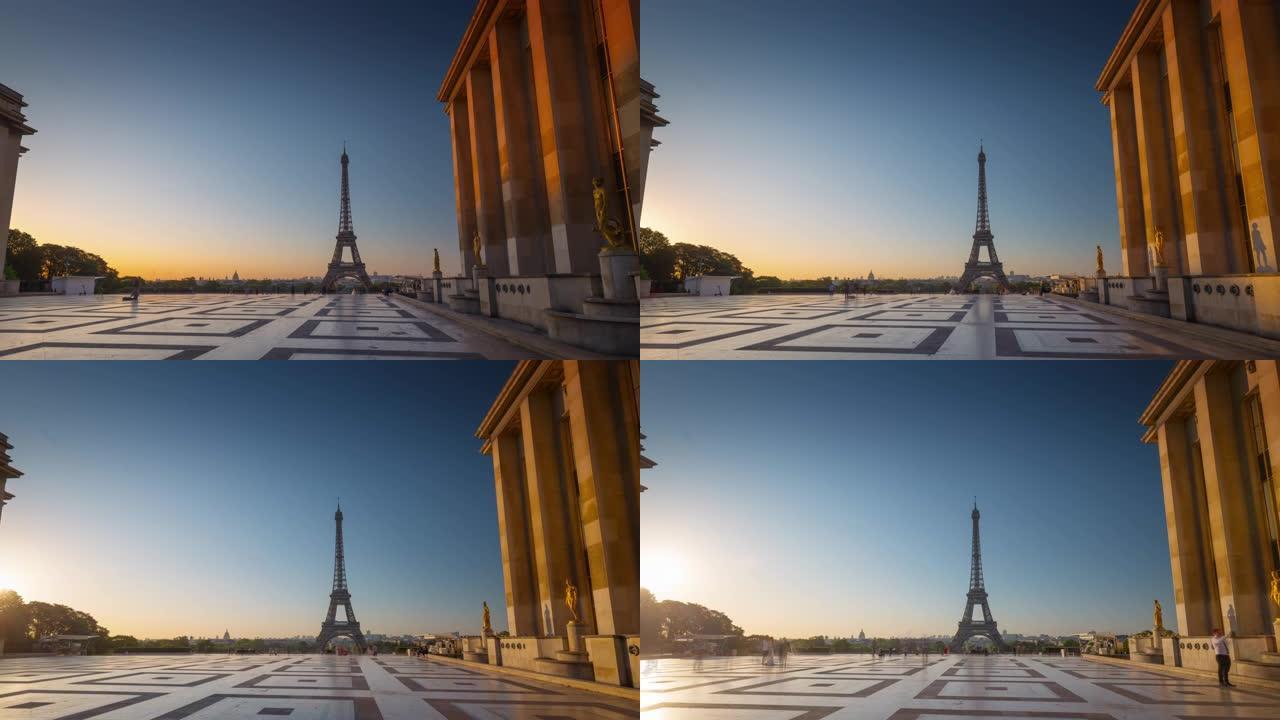 巴黎市日落时间著名的塔楼景观拥挤广场延时全景4k法国